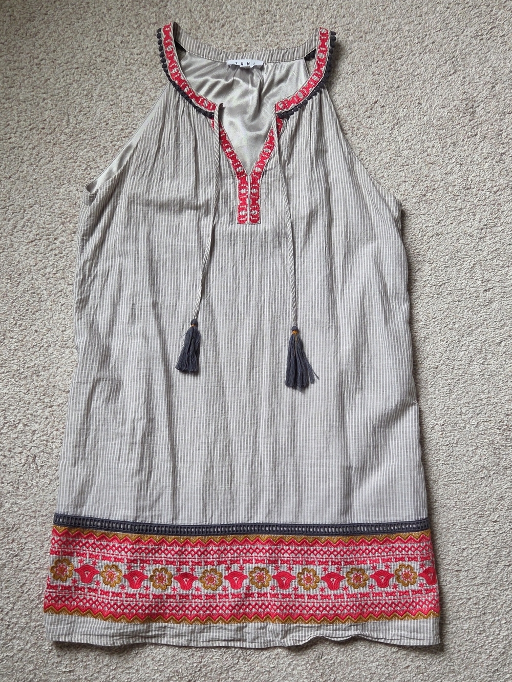 THMI Embroidered Tassel Neck Sleeveless Dress with Coral Trim